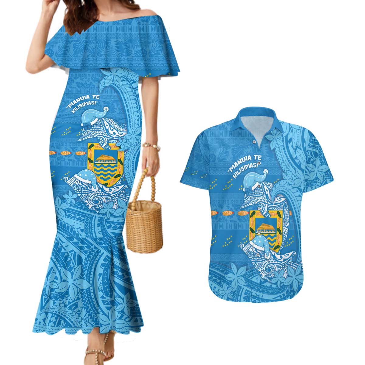 Tuvalu Christmas Couples Matching Mermaid Dress and Hawaiian Shirt Dolphins Santa Xmas Tribal Waves - Polynesian Pride