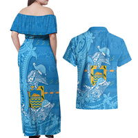 Tuvalu Christmas Couples Matching Off Shoulder Maxi Dress and Hawaiian Shirt Dolphins Santa Xmas Tribal Waves - Polynesian Pride