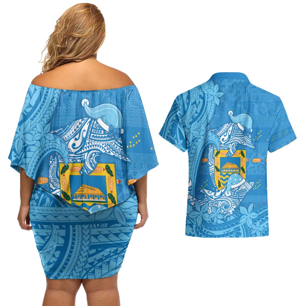 Tuvalu Christmas Couples Matching Off Shoulder Short Dress and Hawaiian Shirt Dolphins Santa Xmas Tribal Waves - Polynesian Pride