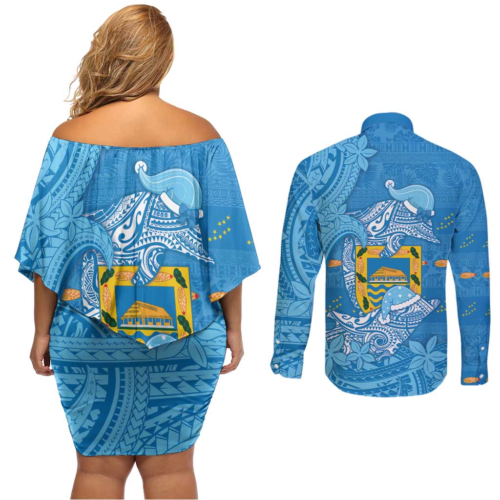 Tuvalu Christmas Couples Matching Off Shoulder Short Dress and Long Sleeve Button Shirt Dolphins Santa Xmas Tribal Waves - Polynesian Pride