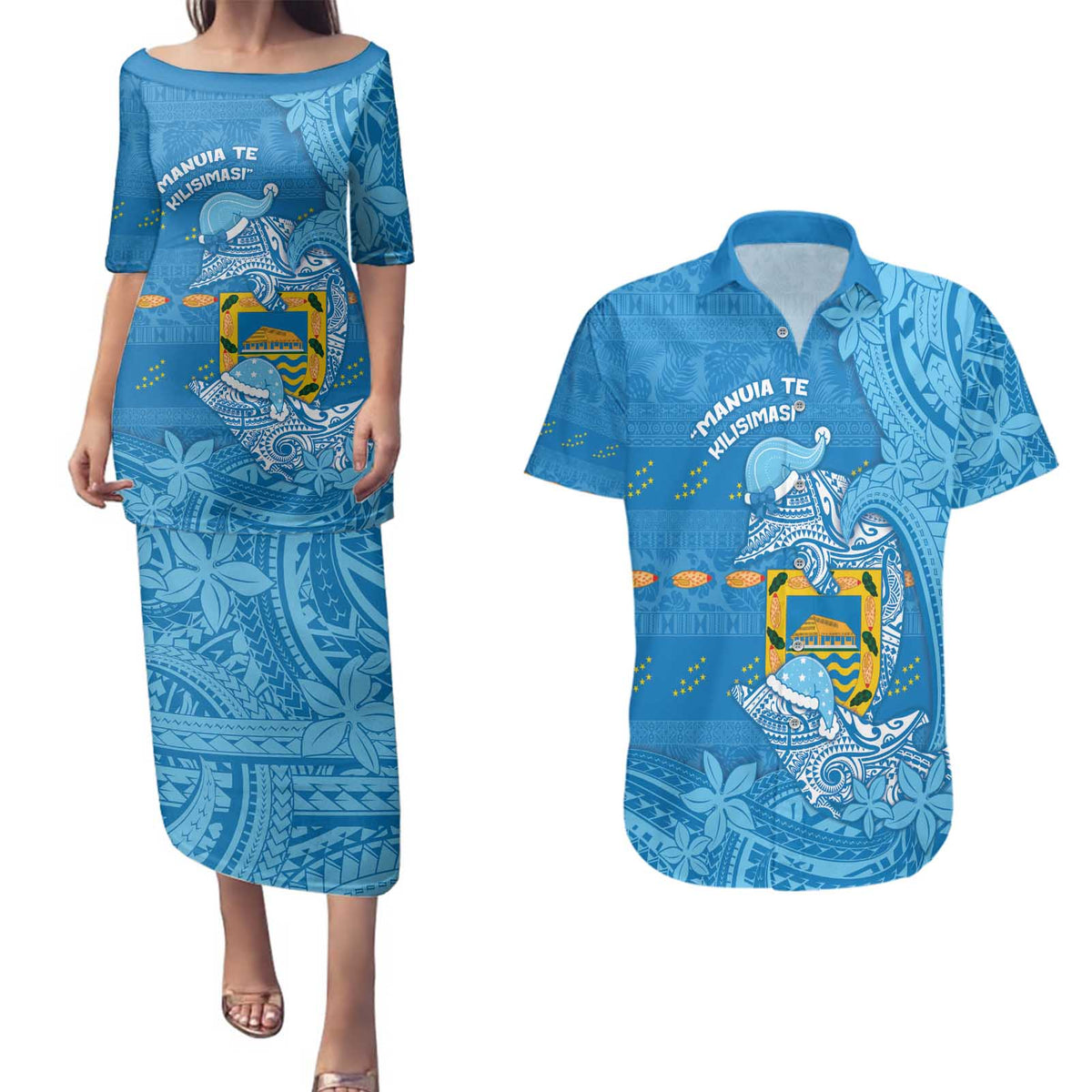 Tuvalu Christmas Couples Matching Puletasi and Hawaiian Shirt Dolphins Santa Xmas Tribal Waves - Polynesian Pride