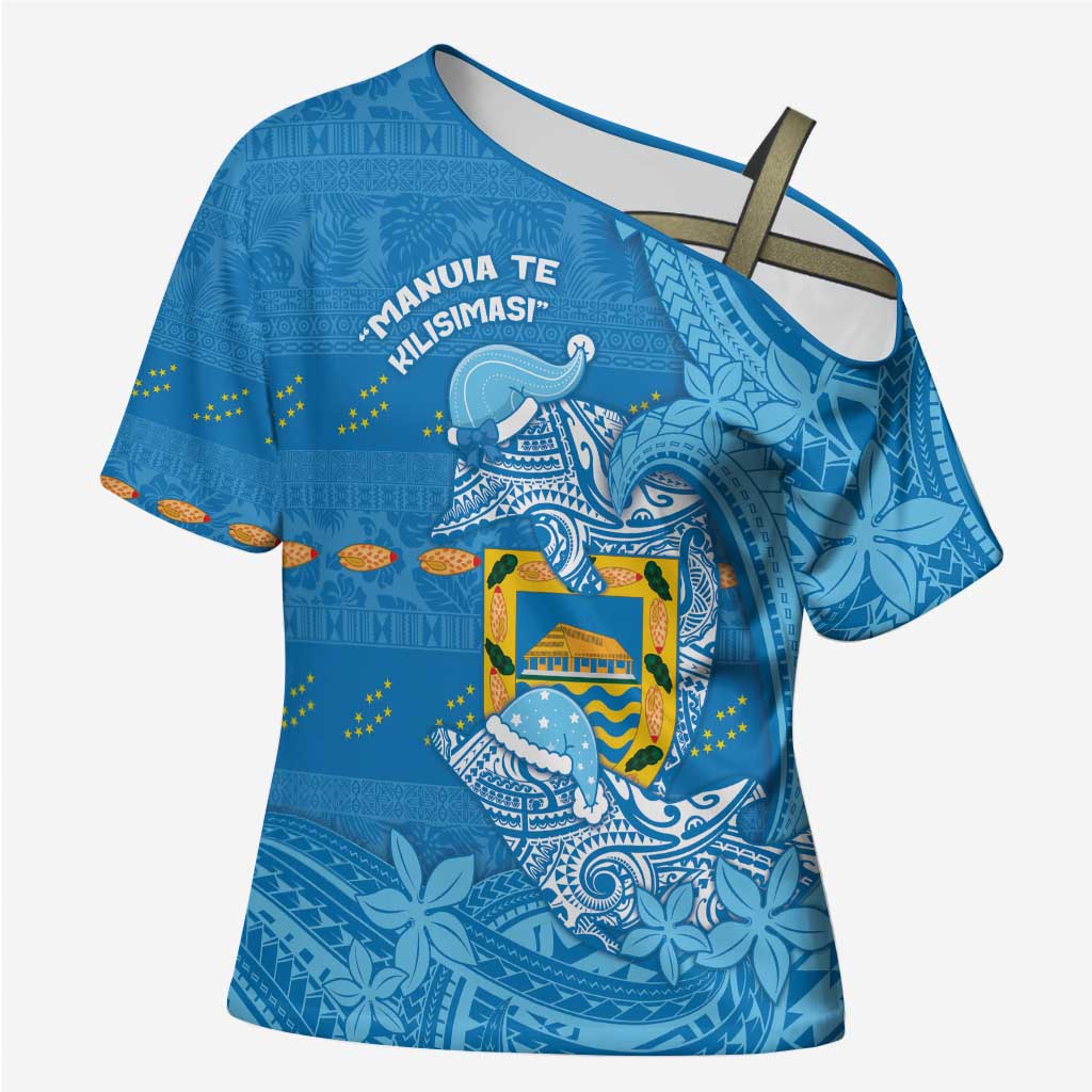 Tuvalu Christmas Cross Shoulder Shirt Dolphins Santa Xmas Tribal Waves - Polynesian Pride