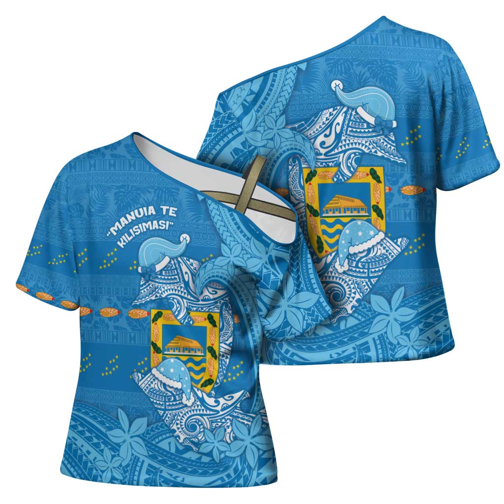 Tuvalu Christmas Cross Shoulder Shirt Dolphins Santa Xmas Tribal Waves - Polynesian Pride