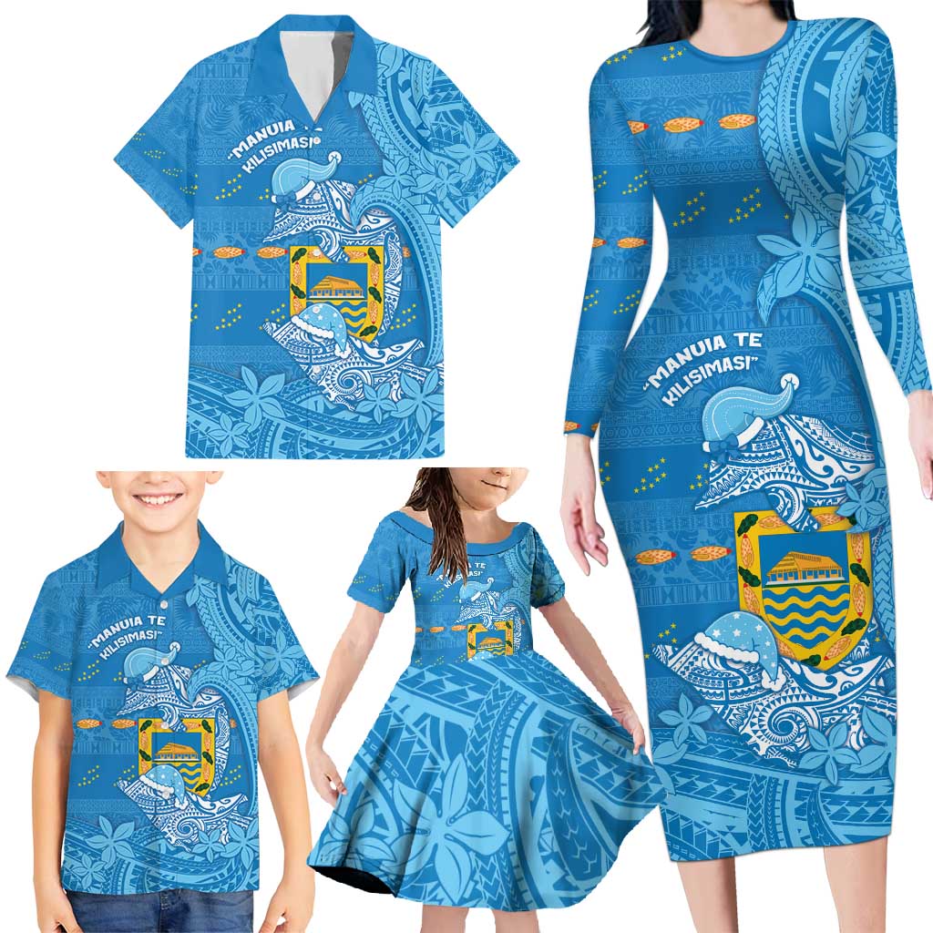 Tuvalu Christmas Family Matching Long Sleeve Bodycon Dress and Hawaiian Shirt Dolphins Santa Xmas Tribal Waves - Polynesian Pride