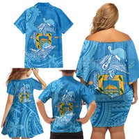 Tuvalu Christmas Family Matching Off Shoulder Short Dress and Hawaiian Shirt Dolphins Santa Xmas Tribal Waves - Polynesian Pride