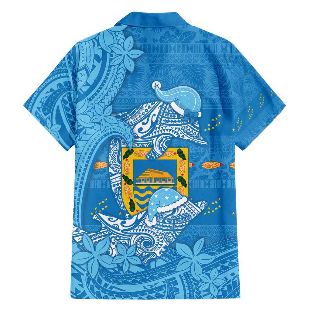 Tuvalu Christmas Family Matching Off Shoulder Short Dress and Hawaiian Shirt Dolphins Santa Xmas Tribal Waves - Polynesian Pride