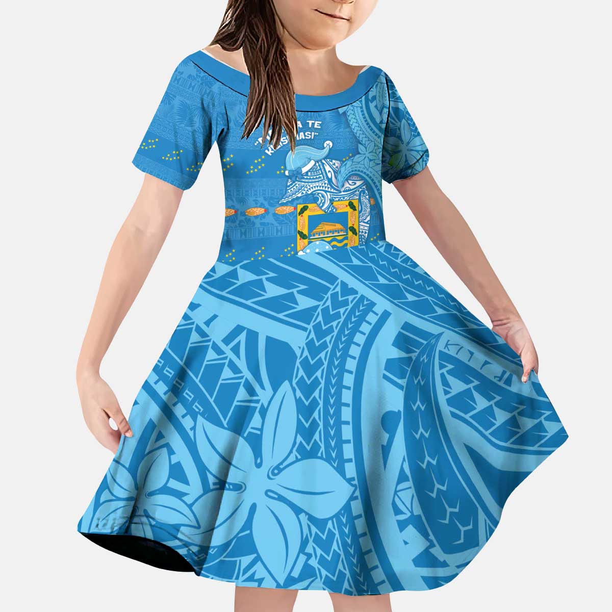 Tuvalu Christmas Kid Short Sleeve Dress Dolphins Santa Xmas Tribal Waves - Polynesian Pride