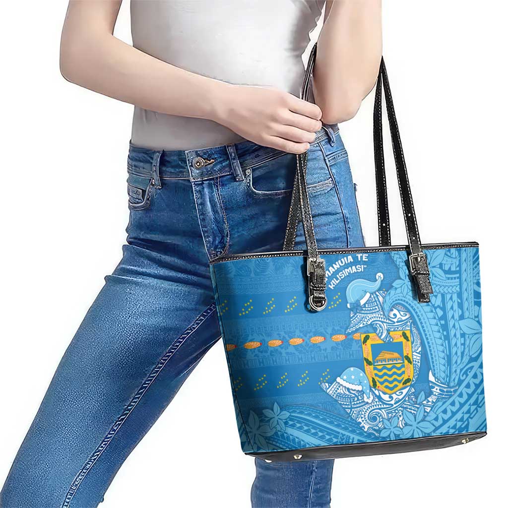 Tuvalu Christmas Leather Tote Bag Dolphins Santa Xmas Tribal Waves - Polynesian Pride