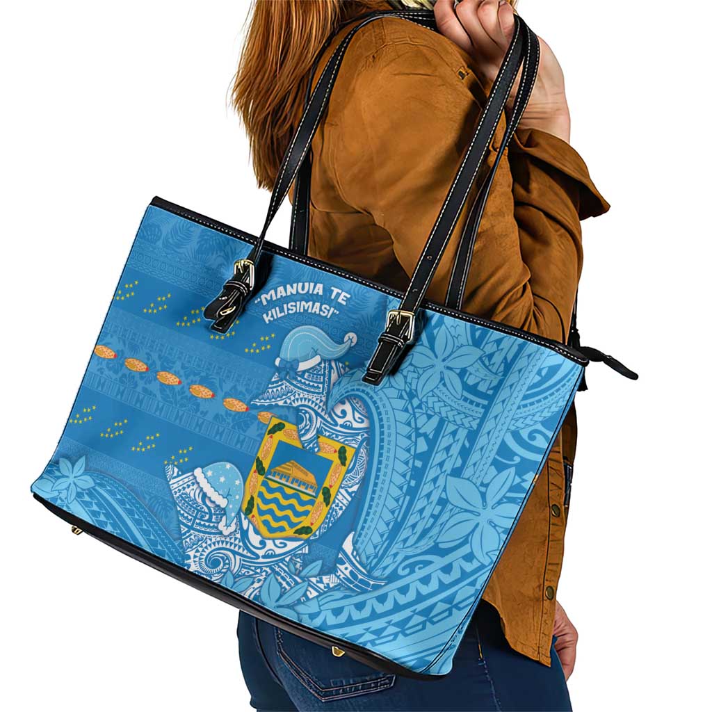 Tuvalu Christmas Leather Tote Bag Dolphins Santa Xmas Tribal Waves - Polynesian Pride