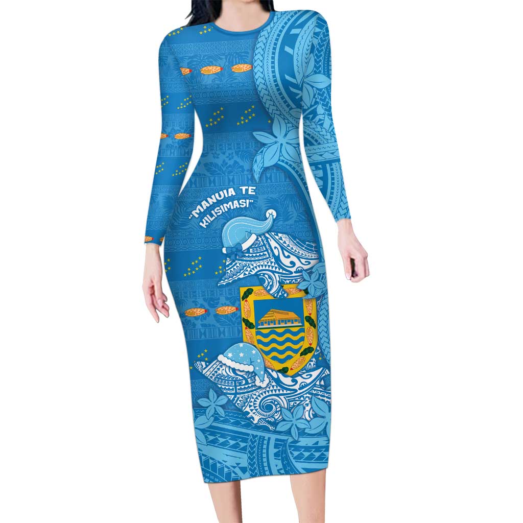 Tuvalu Christmas Long Sleeve Bodycon Dress Dolphins Santa Xmas Tribal Waves - Polynesian Pride
