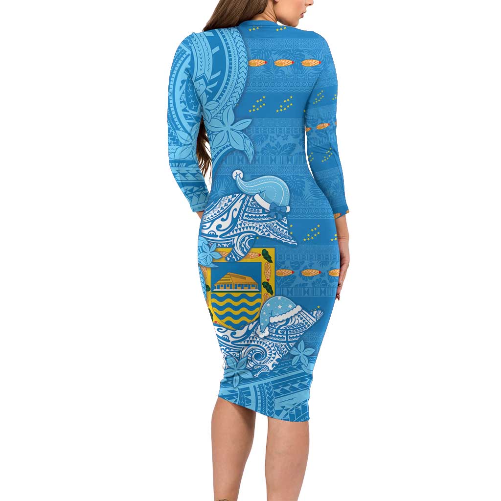 Tuvalu Christmas Long Sleeve Bodycon Dress Dolphins Santa Xmas Tribal Waves