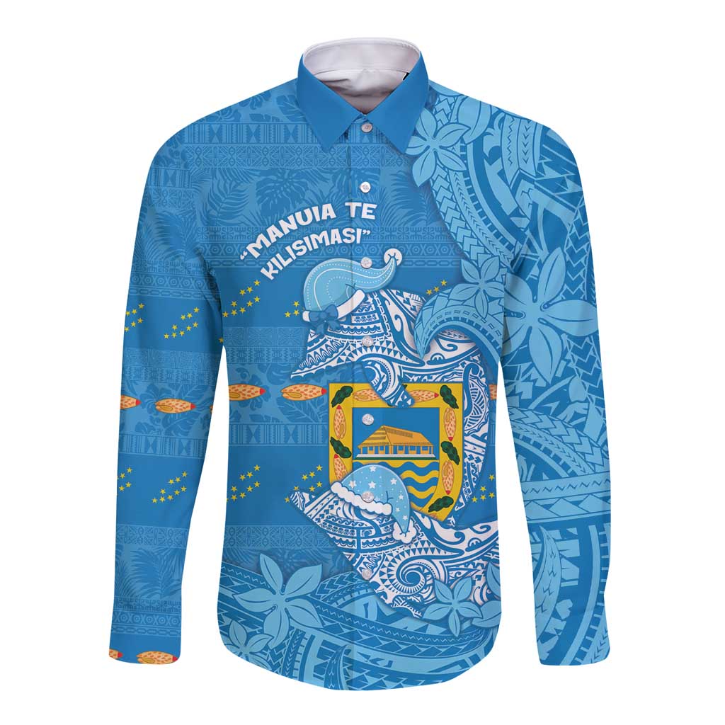 Tuvalu Christmas Long Sleeve Button Shirt Dolphins Santa Xmas Tribal Waves - Polynesian Pride