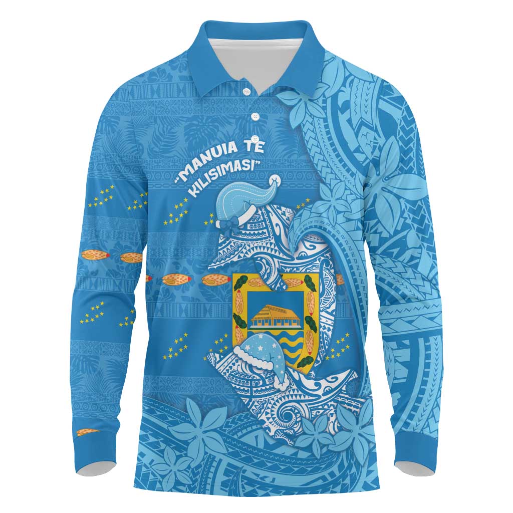 Tuvalu Christmas Long Sleeve Polo Shirt Dolphins Santa Xmas Tribal Waves - Polynesian Pride