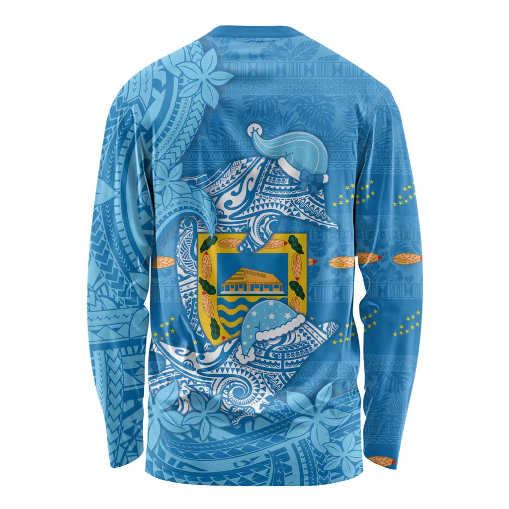 Tuvalu Christmas Long Sleeve Shirt Dolphins Santa Xmas Tribal Waves - Polynesian Pride