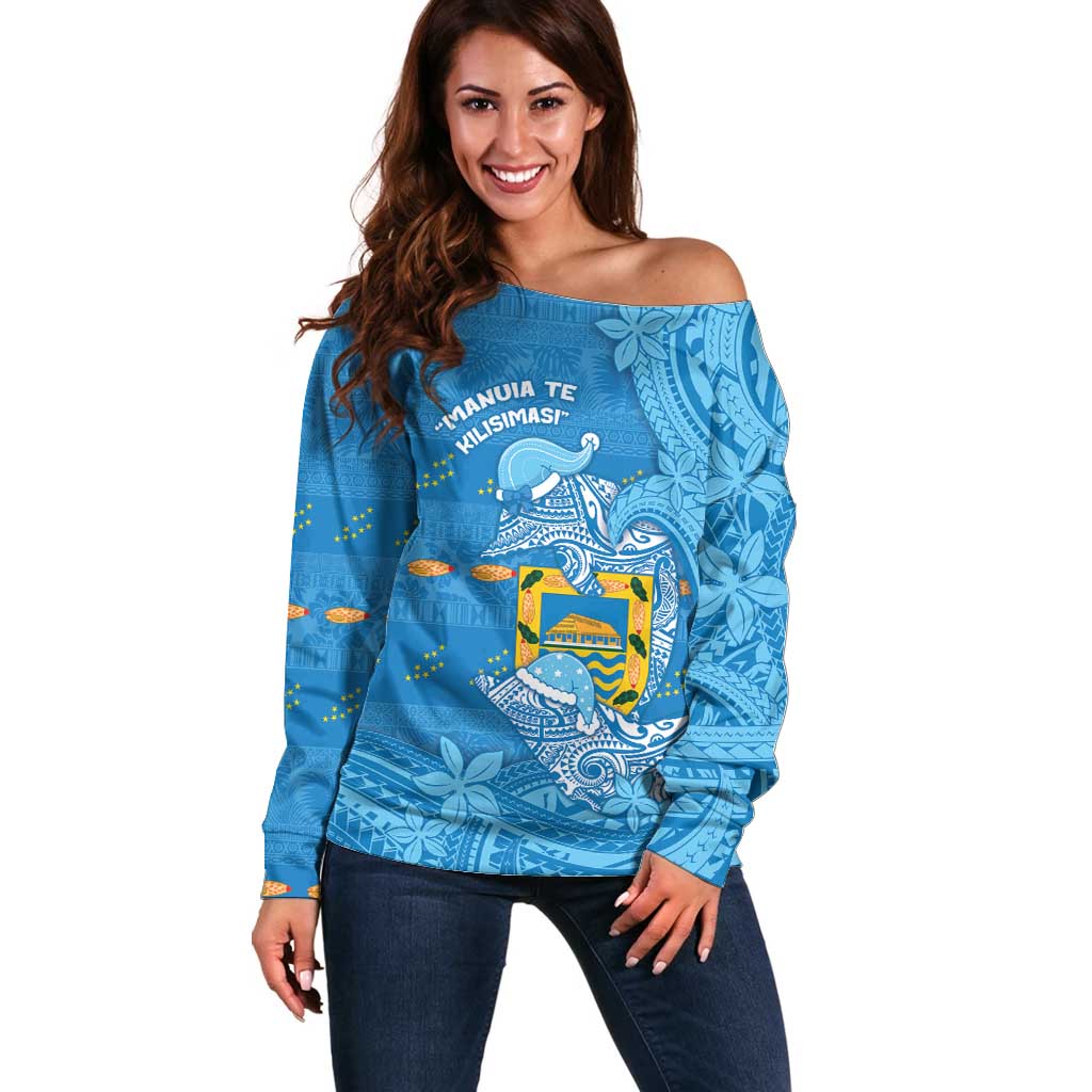 Tuvalu Christmas Off Shoulder Sweater Dolphins Santa Xmas Tribal Waves - Polynesian Pride