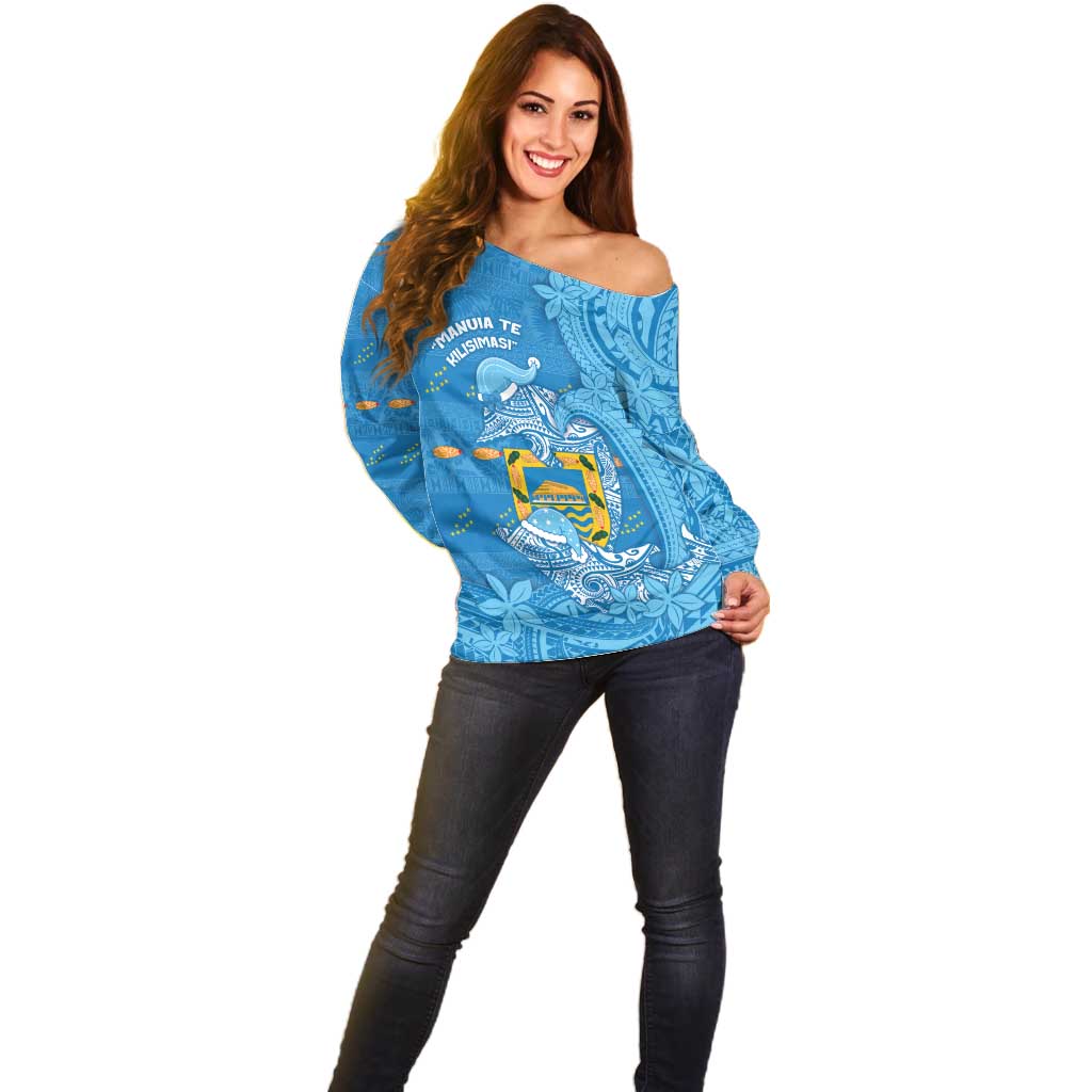 Tuvalu Christmas Off Shoulder Sweater Dolphins Santa Xmas Tribal Waves - Polynesian Pride