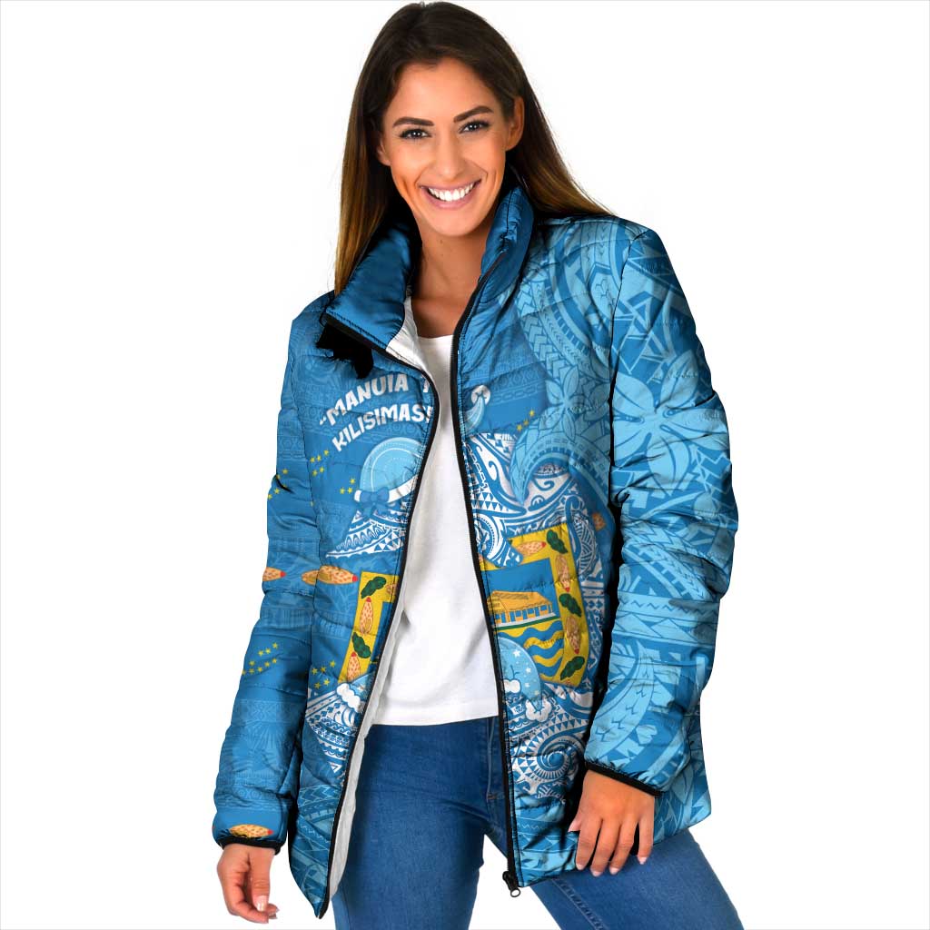Tuvalu Christmas Padded Jacket Dolphins Santa Xmas Tribal Waves - Polynesian Pride
