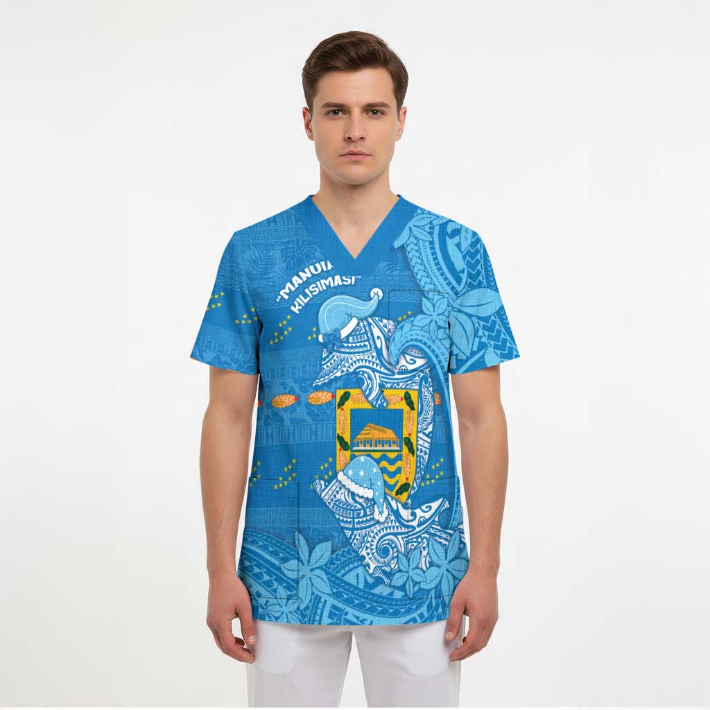 Tuvalu Christmas Scrub Top Dolphins Santa Xmas Tribal Waves - Polynesian Pride