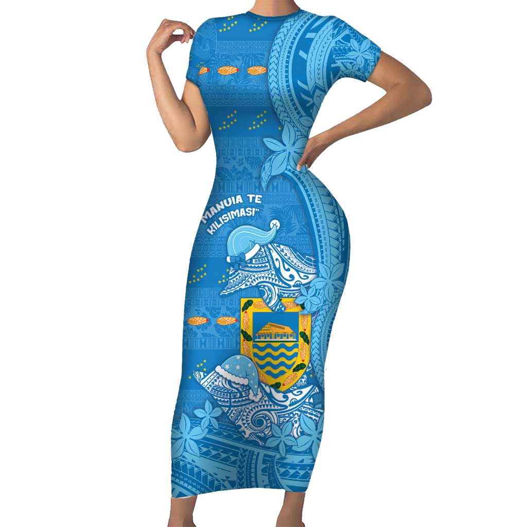 Tuvalu Christmas Short Sleeve Bodycon Dress Dolphins Santa Xmas Tribal Waves - Polynesian Pride