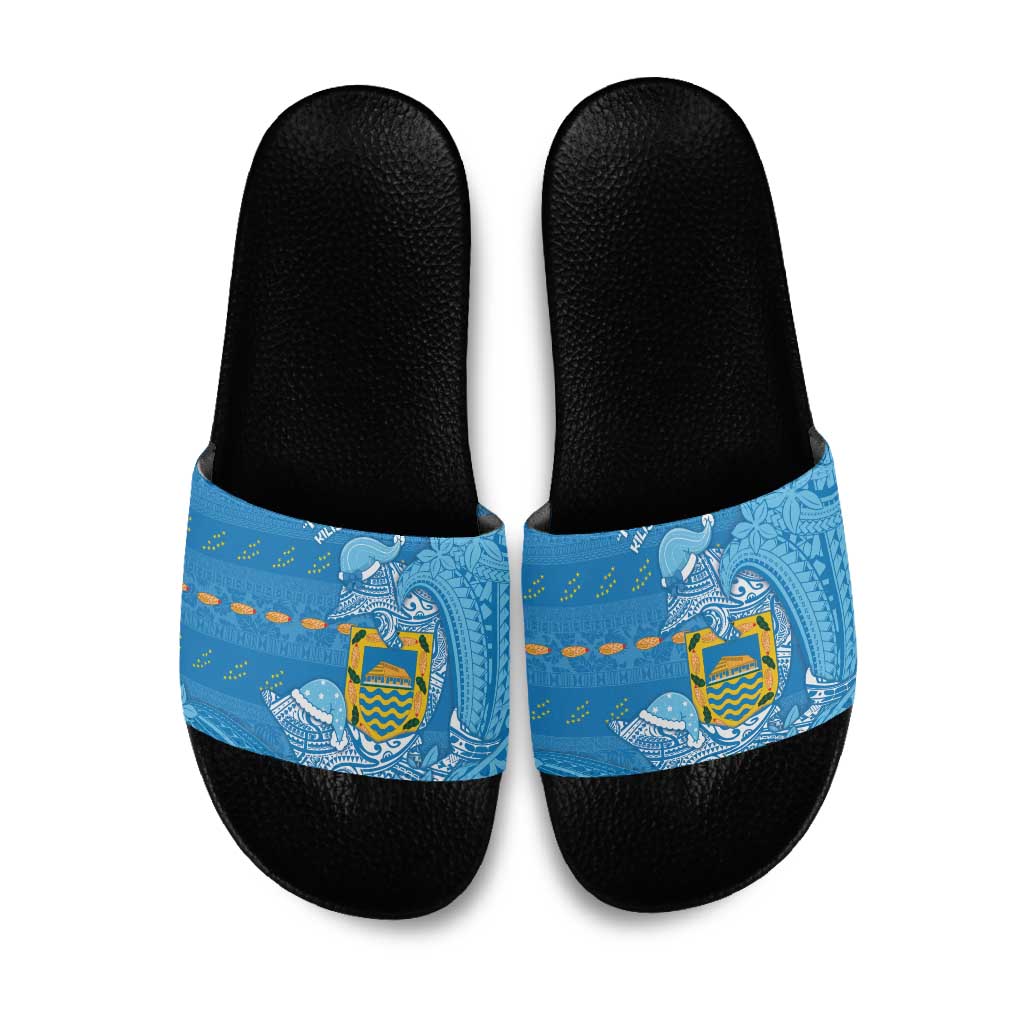 Tuvalu Christmas Slide Sandals Dolphins Santa Xmas Tribal Waves - Polynesian Pride