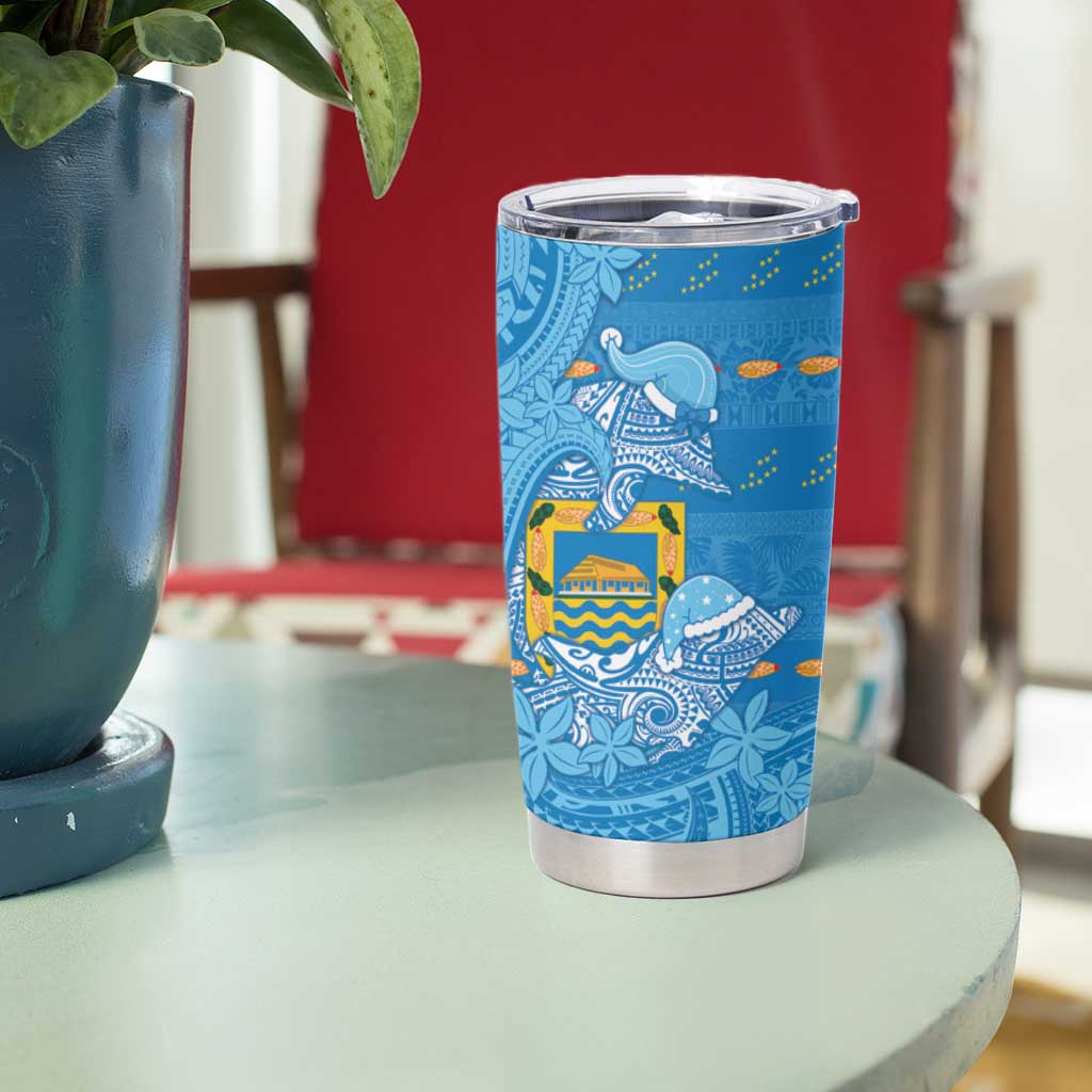 Tuvalu Christmas Tumbler Cup Dolphins Santa Xmas Tribal Waves - Polynesian Pride