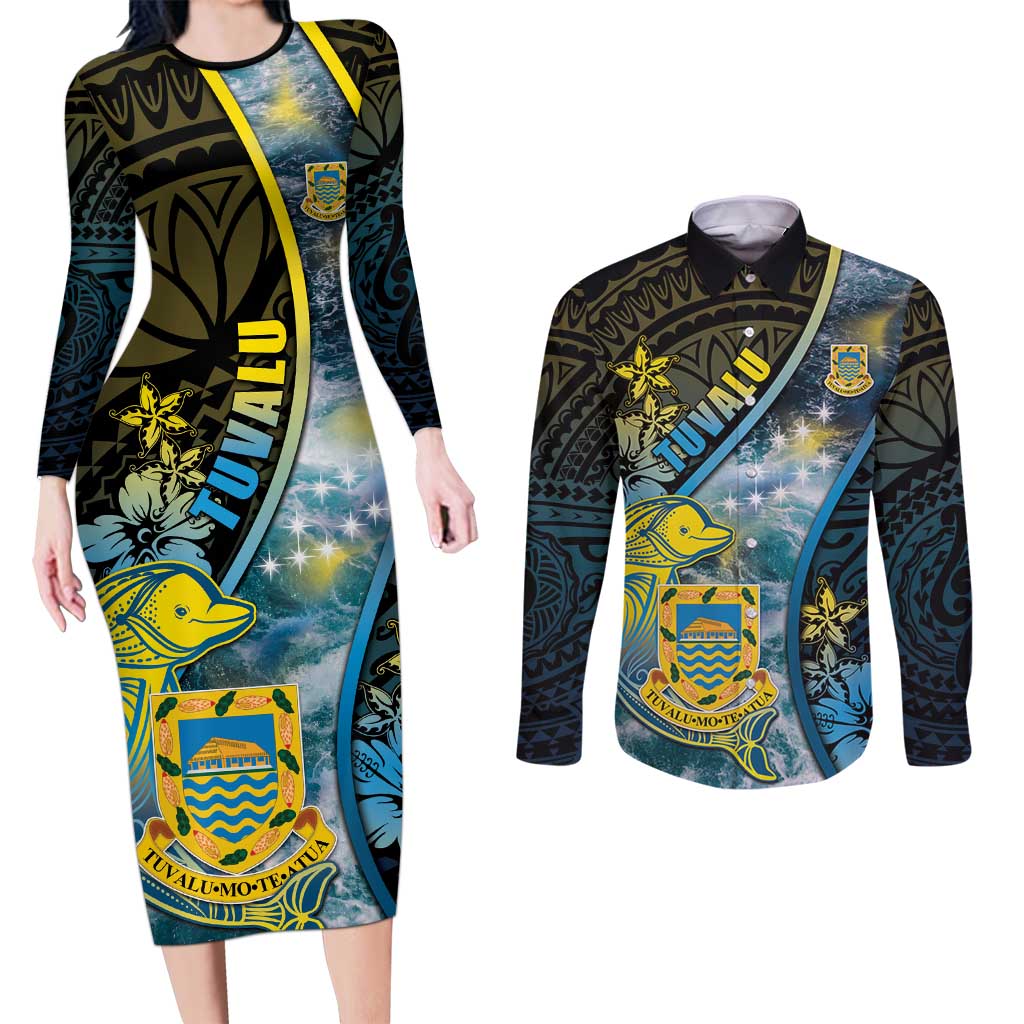 Personalised Tuvalu Couples Matching Long Sleeve Bodycon Dress and Long Sleeve Button Shirt Dolphin On The Waves