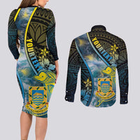 Personalised Tuvalu Couples Matching Long Sleeve Bodycon Dress and Long Sleeve Button Shirt Dolphin On The Waves