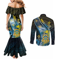 Personalised Tuvalu Couples Matching Mermaid Dress and Long Sleeve Button Shirt Dolphin On The Waves