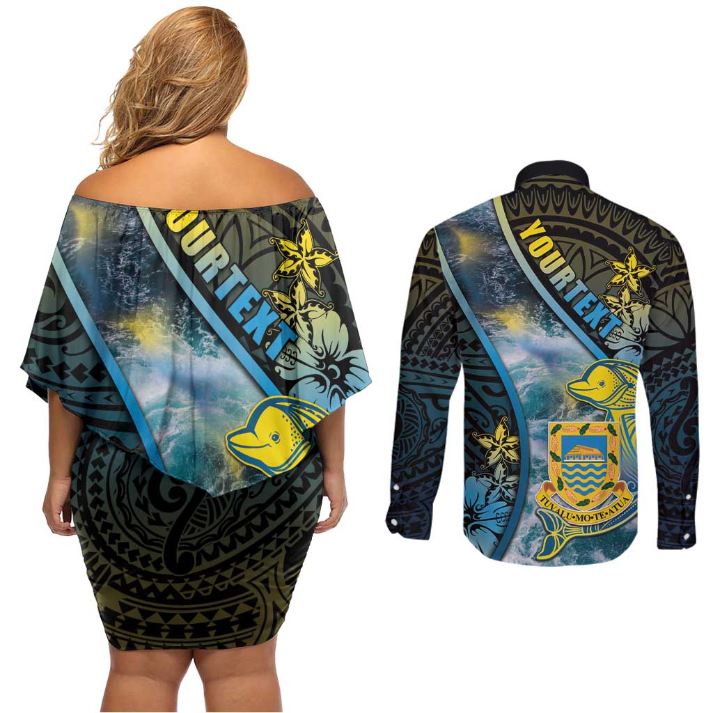 Personalised Tuvalu Couples Matching Off Shoulder Short Dress and Long Sleeve Button Shirt Dolphin On The Waves