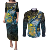 Personalised Tuvalu Couples Matching Puletasi and Long Sleeve Button Shirt Dolphin On The Waves