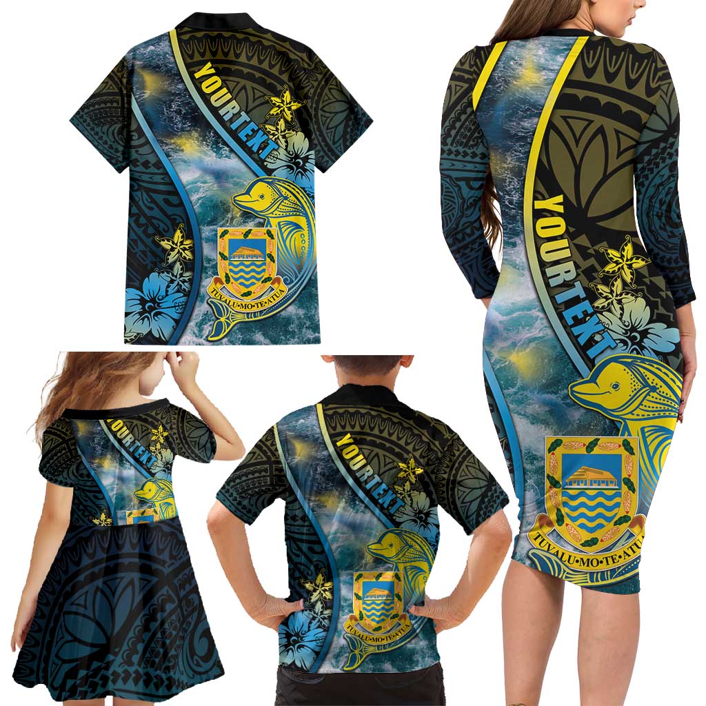 Personalised Tuvalu Family Matching Long Sleeve Bodycon Dress and Hawaiian Shirt Dolphin On The Waves