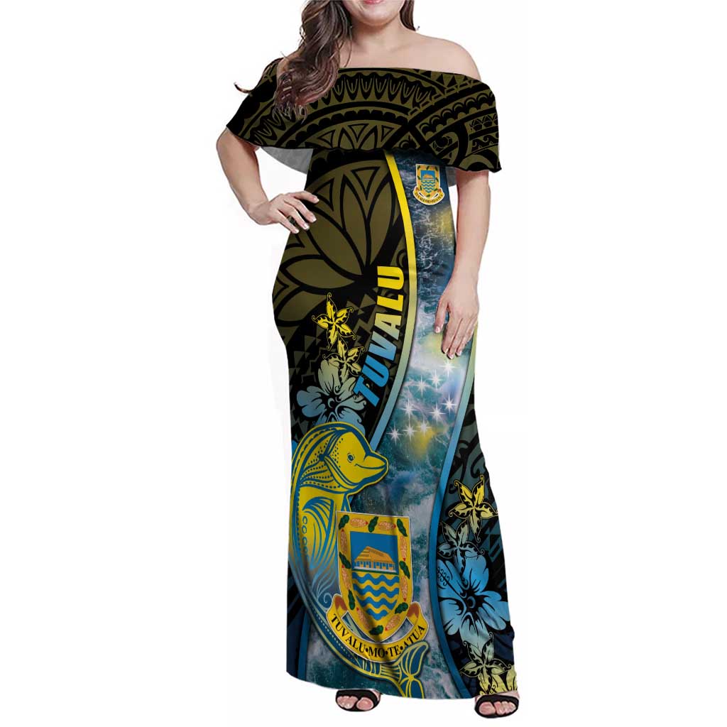 Personalised Tuvalu Family Matching Off Shoulder Maxi Dress and Hawaiian Shirt Dolphin On The Waves
