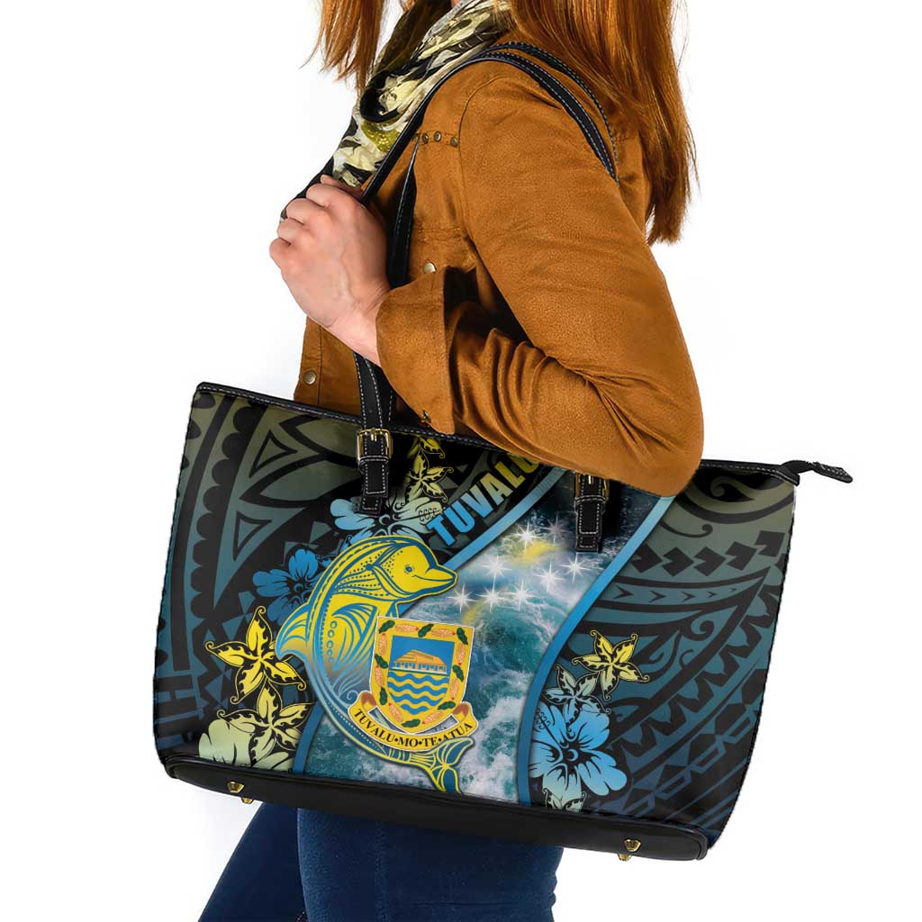 Tuvalu Leather Tote Bag Dolphin On The Waves