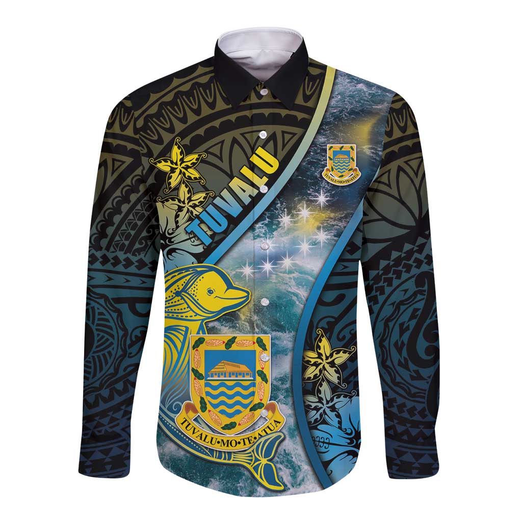 Personalised Tuvalu Long Sleeve Button Shirt Dolphin On The Waves