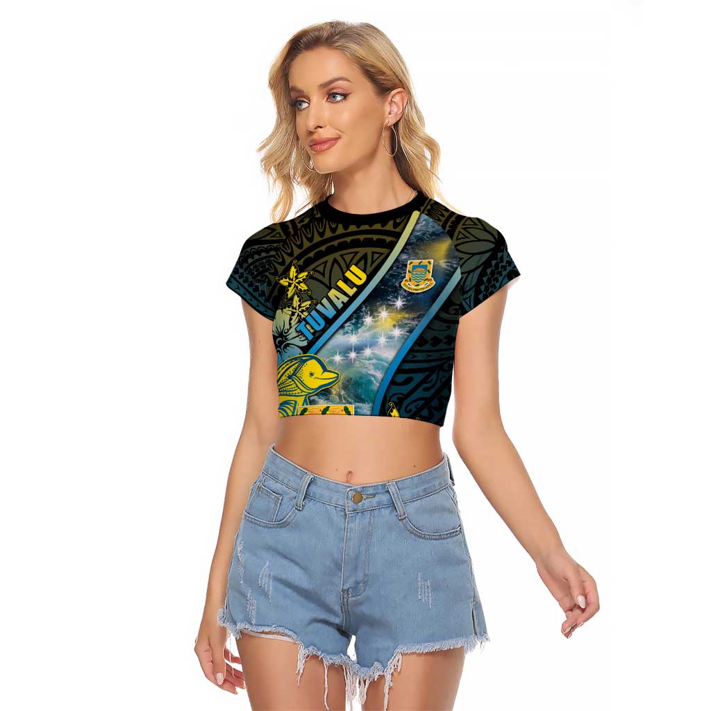 Personalised Tuvalu Raglan Cropped T Shirt Dolphin On The Waves