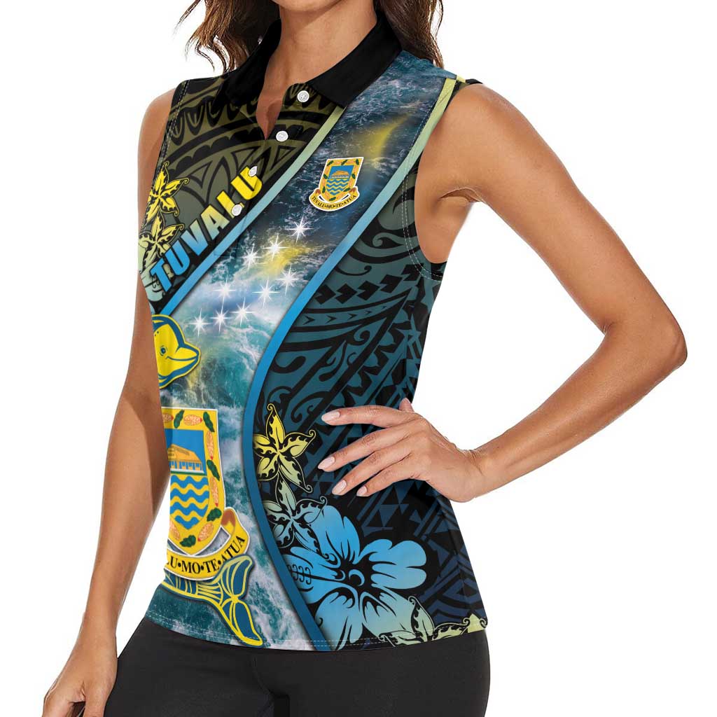 Personalised Tuvalu Women Sleeveless Polo Shirt Dolphin On The Waves