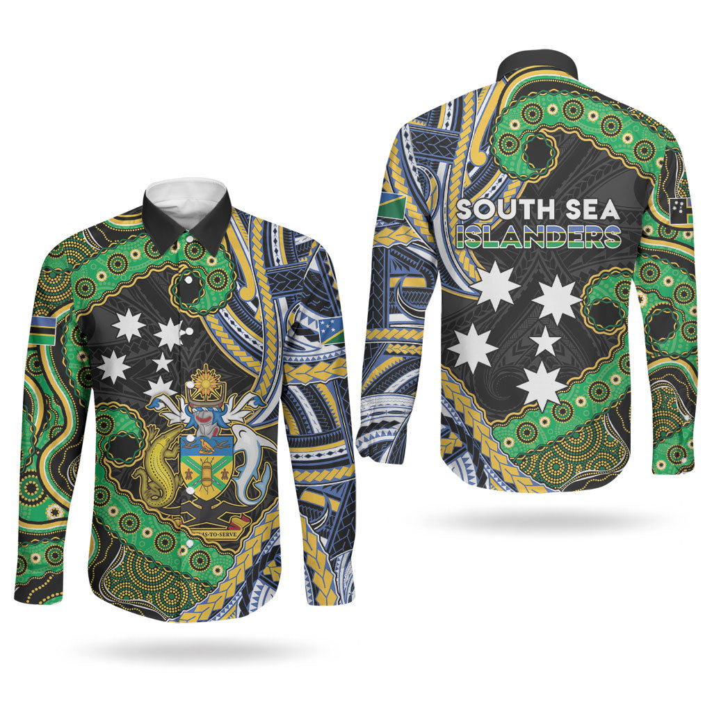 South Sea Islanders And Solomon Islands Couples Matching Off Shoulder Maxi Dress and Long Sleeve Button Shirt Solomons Coat Of Arms And Southern Cross DT05 - Polynesian Pride