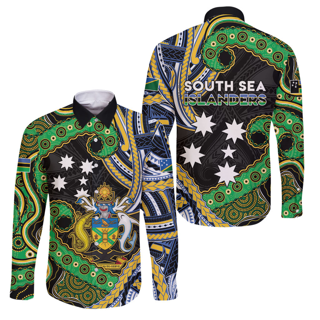 South Sea Islanders And Solomon Islands Family Matching Off Shoulder Maxi Dress and Hawaiian Shirt Solomons Coat Of Arms And Southern Cross DT05 Dad's Shirt - Long Sleeve Black - Polynesian Pride