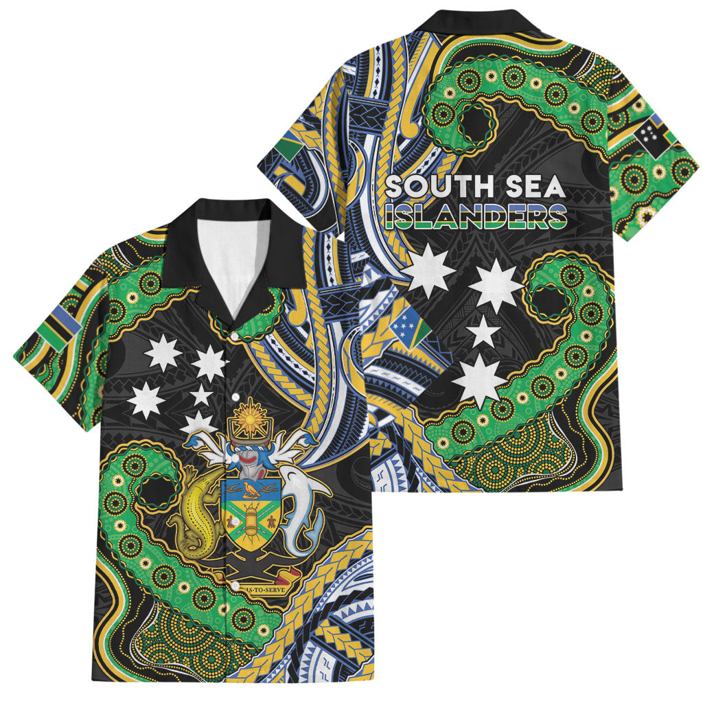 South Sea Islanders And Solomon Islands Family Matching Short Sleeve Bodycon Dress and Hawaiian Shirt Solomons Coat Of Arms And Southern Cross DT05 Dad's Shirt - Short Sleeve Black - Polynesian Pride