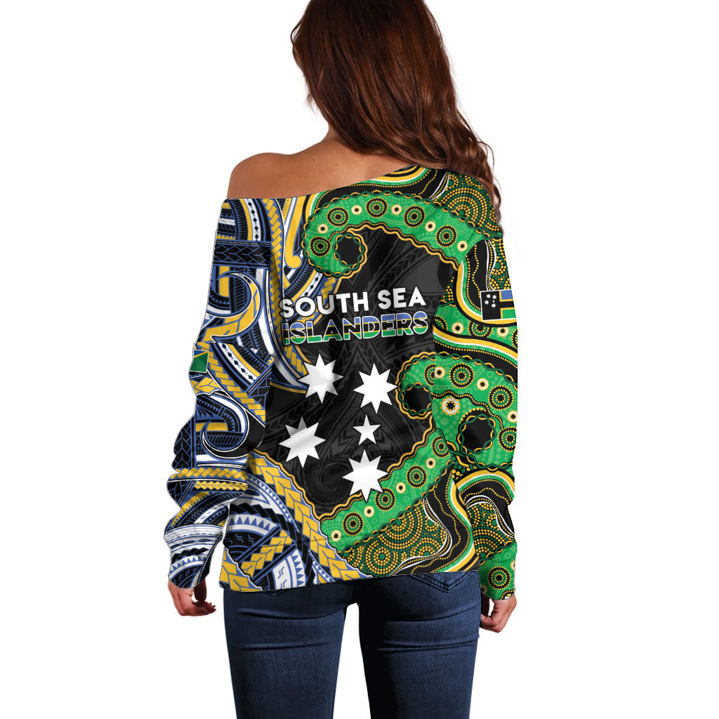 South Sea Islanders And Solomon Islands Off Shoulder Sweater Solomons Coat Of Arms And Southern Cross DT05 - Polynesian Pride