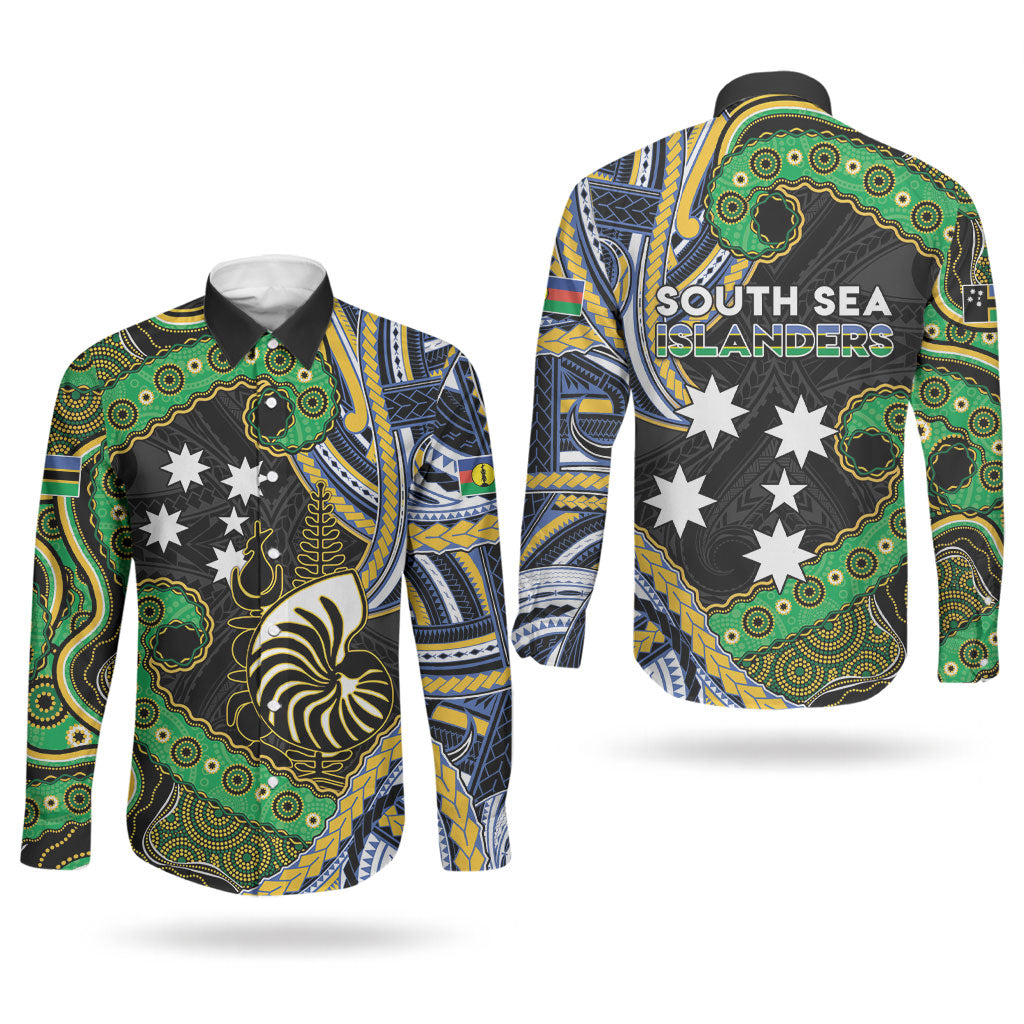 South Sea Islanders And New Caledonia Couples Matching Short Sleeve Bodycon Dress and Long Sleeve Button Shirt Nautilus Shell Southern Cross Tribal Pattern DT05 - Polynesian Pride