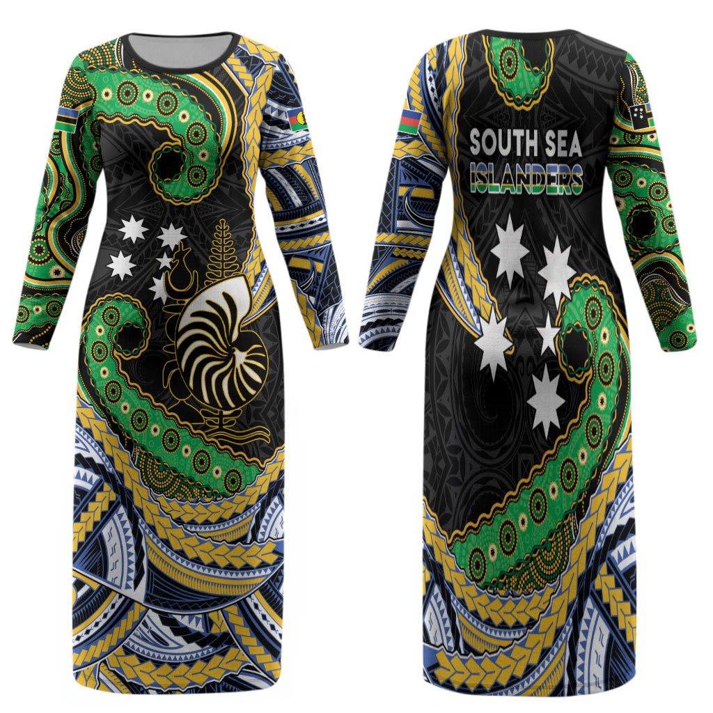 South Sea Islanders And New Caledonia Family Matching Long Sleeve Bodycon Dress and Hawaiian Shirt Nautilus Shell Southern Cross Tribal Pattern DT05 Mom's Dress Black - Polynesian Pride