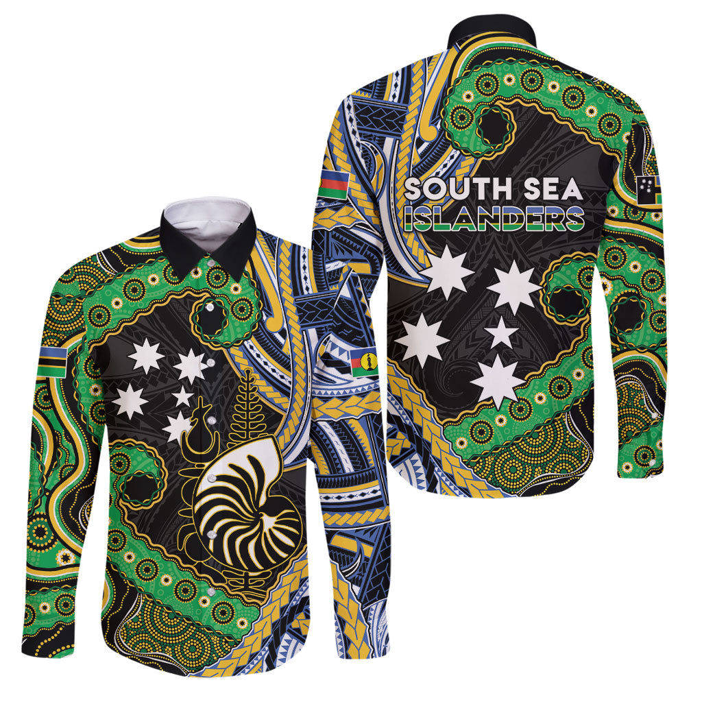 South Sea Islanders And New Caledonia Family Matching Long Sleeve Bodycon Dress and Hawaiian Shirt Nautilus Shell Southern Cross Tribal Pattern DT05 Dad's Shirt - Long Sleeve Black - Polynesian Pride