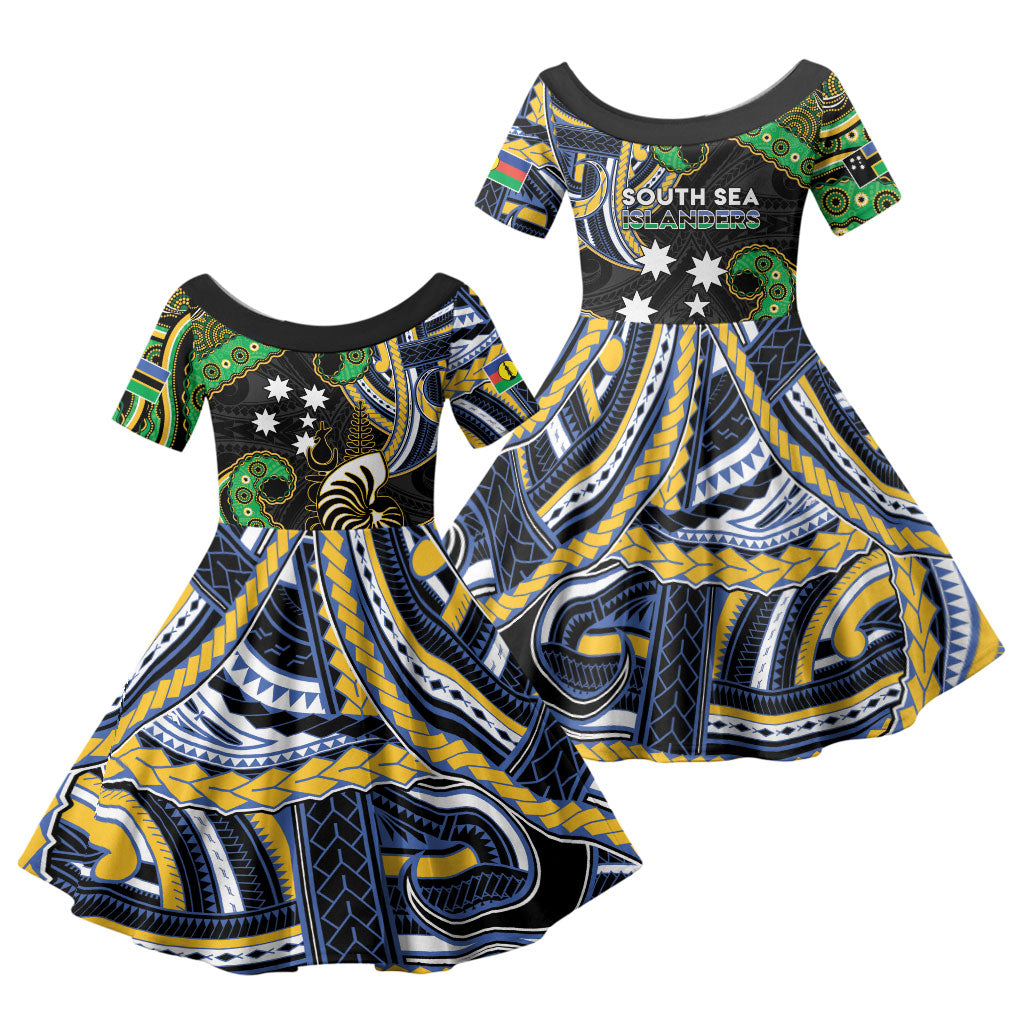 South Sea Islanders And New Caledonia Family Matching Mermaid Dress and Hawaiian Shirt Nautilus Shell Southern Cross Tribal Pattern DT05 Daughter's Dress Black - Polynesian Pride