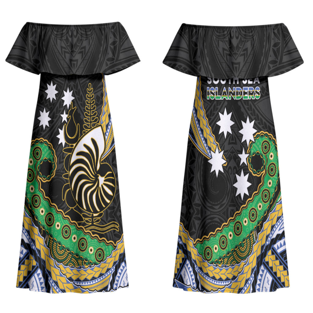 South Sea Islanders And New Caledonia Family Matching Off Shoulder Maxi Dress and Hawaiian Shirt Nautilus Shell Southern Cross Tribal Pattern DT05 Mom's Dress Black - Polynesian Pride