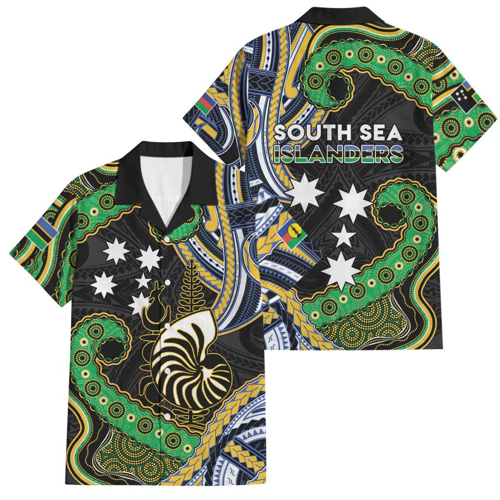 South Sea Islanders And New Caledonia Family Matching Short Sleeve Bodycon Dress and Hawaiian Shirt Nautilus Shell Southern Cross Tribal Pattern DT05 Dad's Shirt - Short Sleeve Black - Polynesian Pride