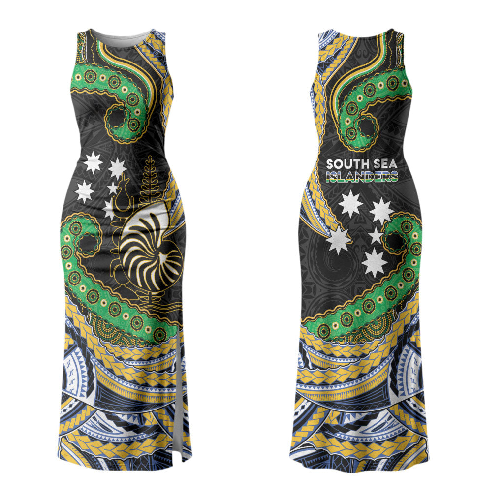 South Sea Islanders And New Caledonia Family Matching Tank Maxi Dress and Hawaiian Shirt Nautilus Shell Southern Cross Tribal Pattern DT05 Mom's Dress Black - Polynesian Pride