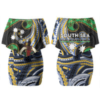 South Sea Islanders And Vanuatu Family Matching Off Shoulder Short Dress and Hawaiian Shirt Boar Tusk Warrior Southern Tribal Pattern DT05 Mom's Dress Black - Polynesian Pride