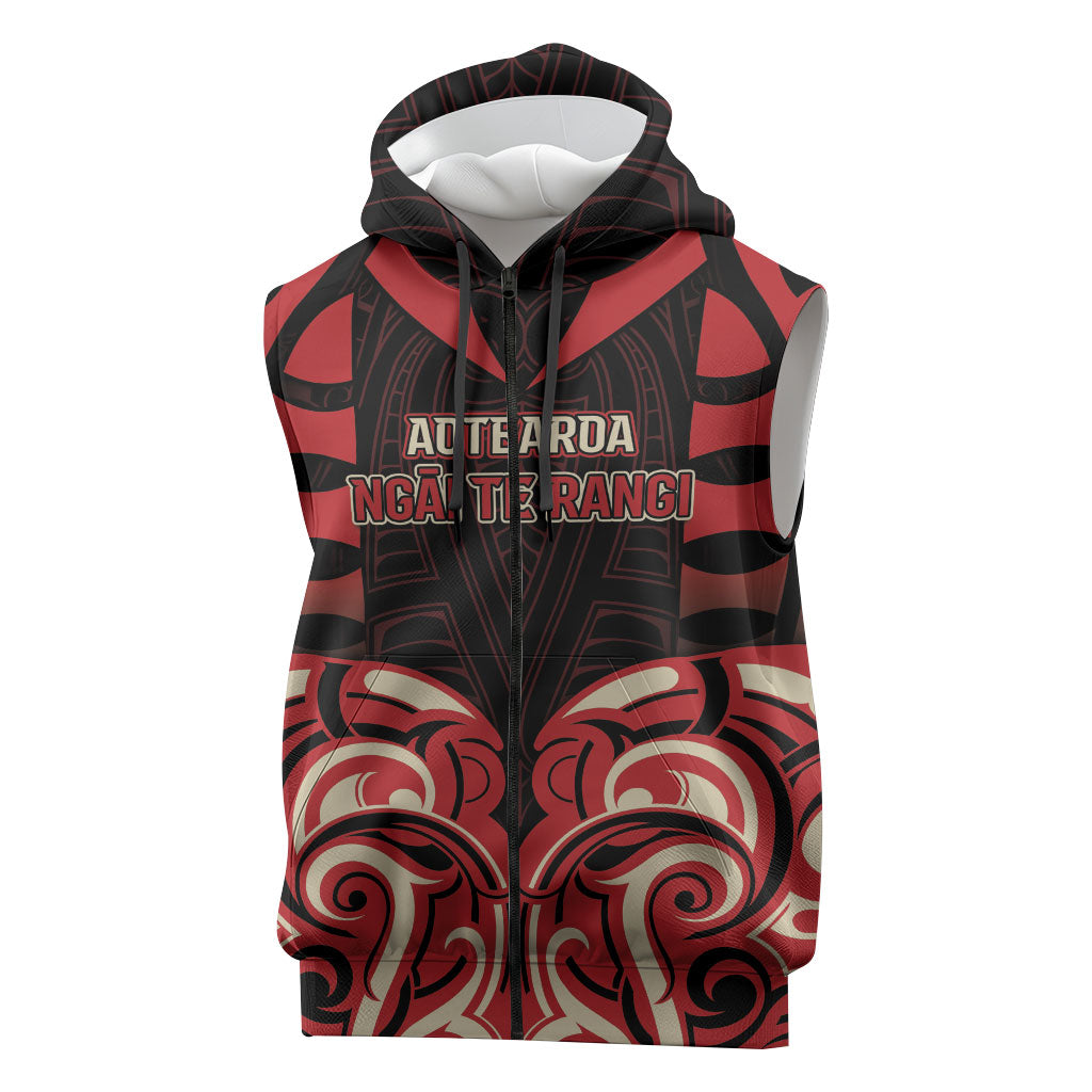 Custom Aotearoa Ngai Te Rangi Sleeveless Zip Hoodie New Zealand Traditional Maori Pattern DT05 Red - Polynesian Pride