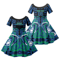 Custom Aotearoa Ngati Ranginui Family Matching Off Shoulder Maxi Dress and Hawaiian Shirt New Zealand Traditional Maori Pattern DT05 Daughter's Dress Navy - Polynesian Pride